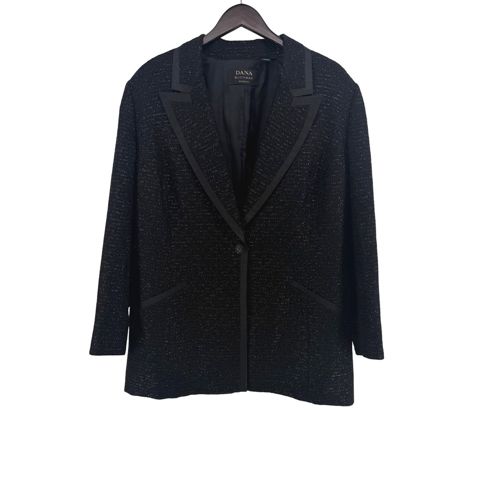 Dana Buchman Woman Black Wool Mohair Shimmer Blazer Jacket Satin Trim Size 18